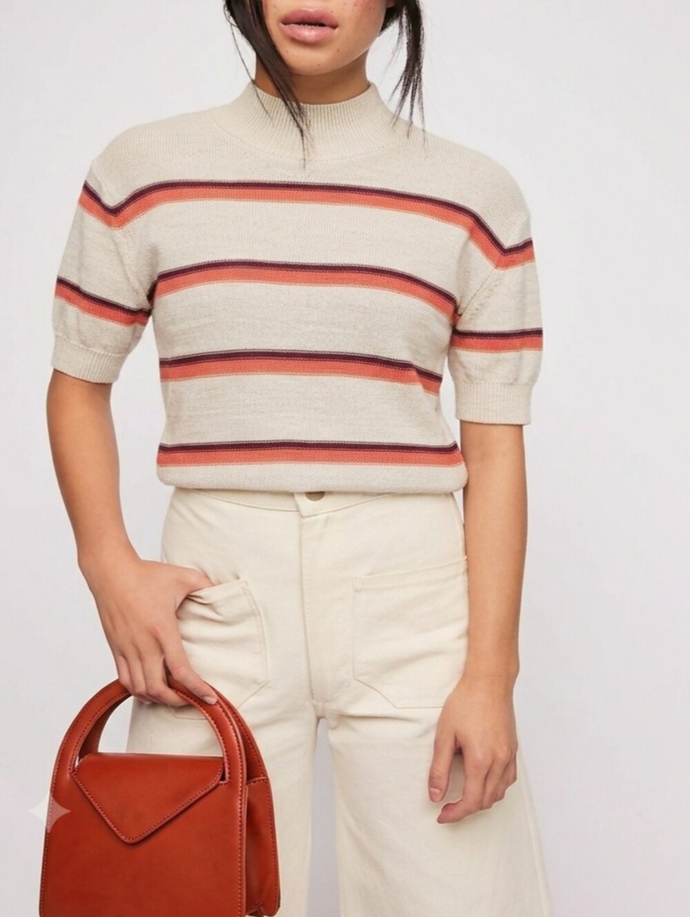 Sz S Free People Linen Rayon Way Back Mock Neck Striped Knit Sweater